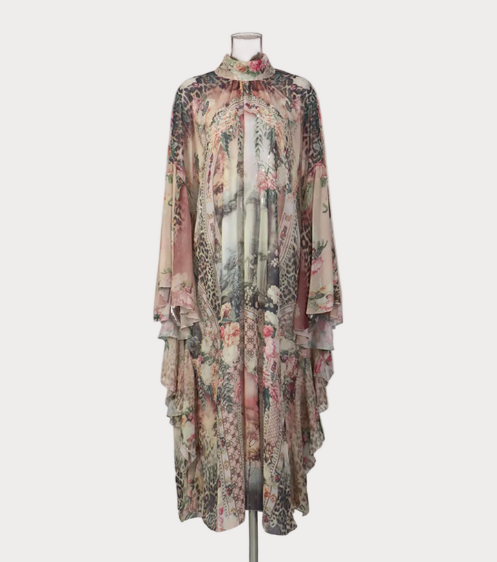 high-neck floral print chiffon cape dress – GARDEN
