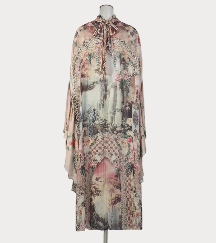 high-neck floral print chiffon cape dress – GARDEN
