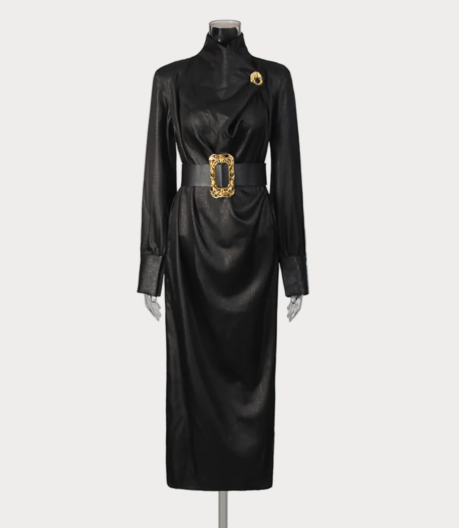 high-neck draped belted leather-look midi dress – REGAL