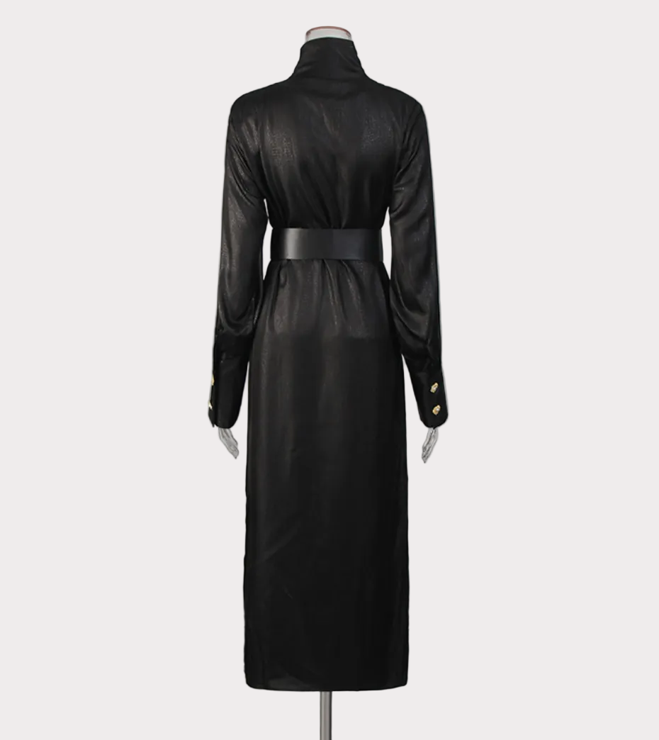 high-neck draped belted leather-look midi dress – REGAL
