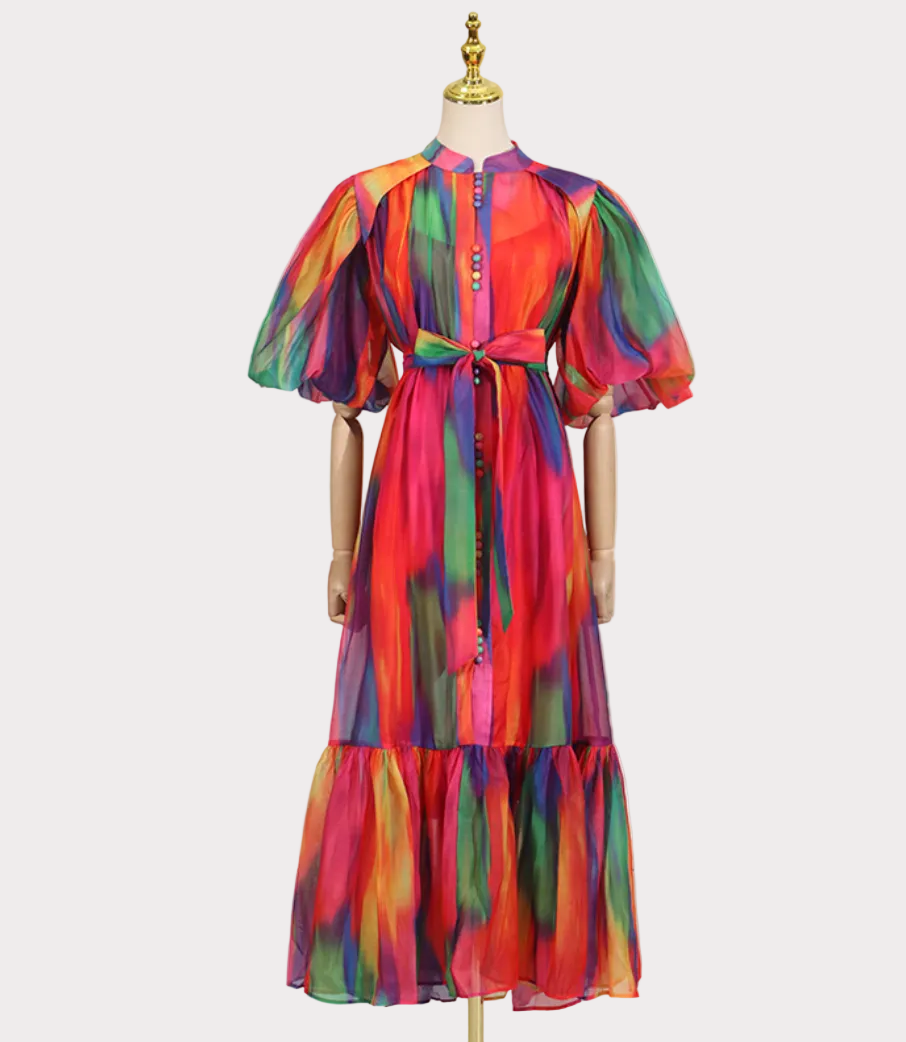 rainbow chiffon puff sleeve belted midi dress – PRISM