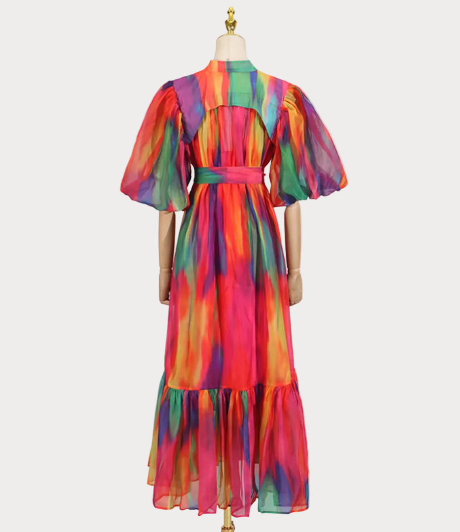 rainbow chiffon puff sleeve belted midi dress – PRISM