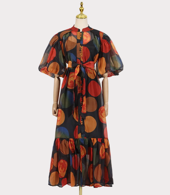 rainbow chiffon puff sleeve belted midi dress – PRISM