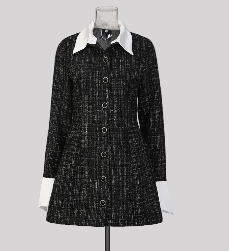 tweed button-front mini dress with contrast collar – TWEED