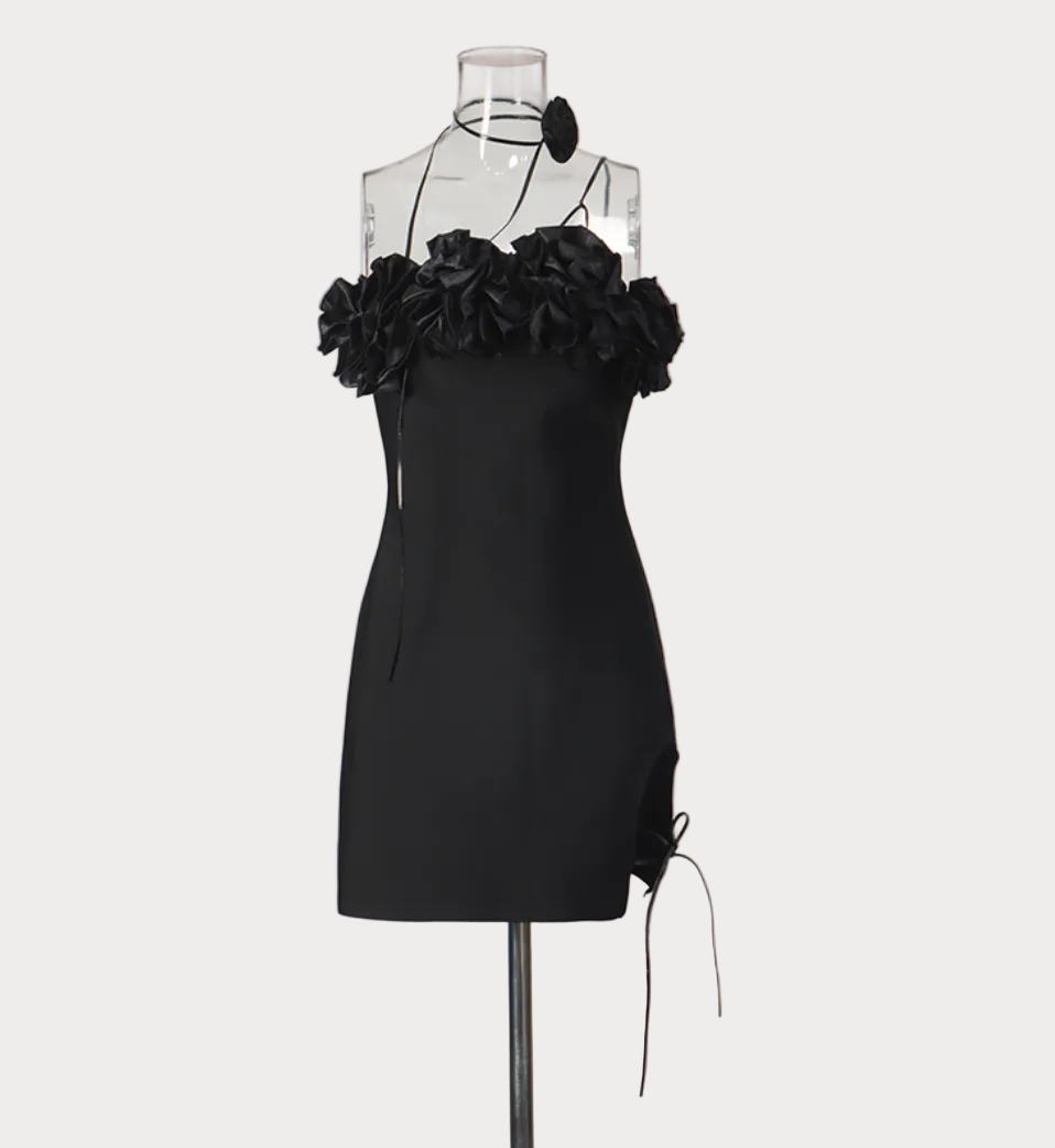 floral appliqué strap mini dress with side tie – ROSE