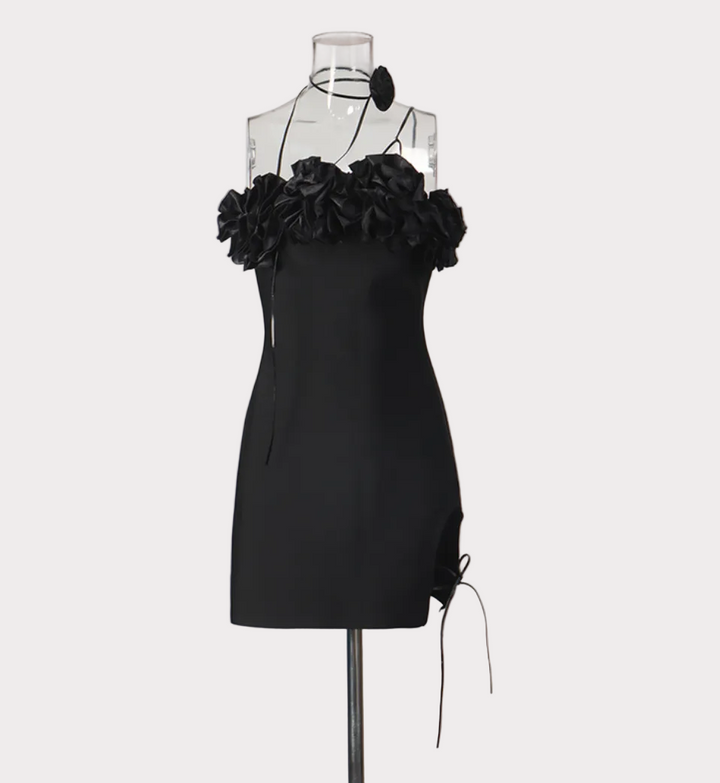 floral appliqué strap mini dress with side tie – ROSE