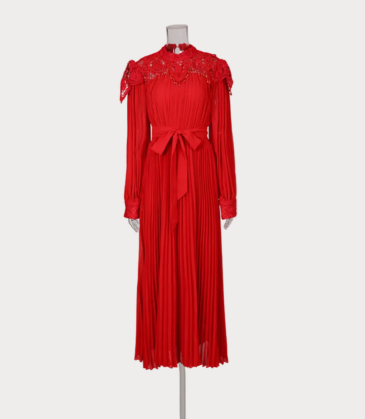 lace high-neck pleated midi dress with waist tie – SCACE