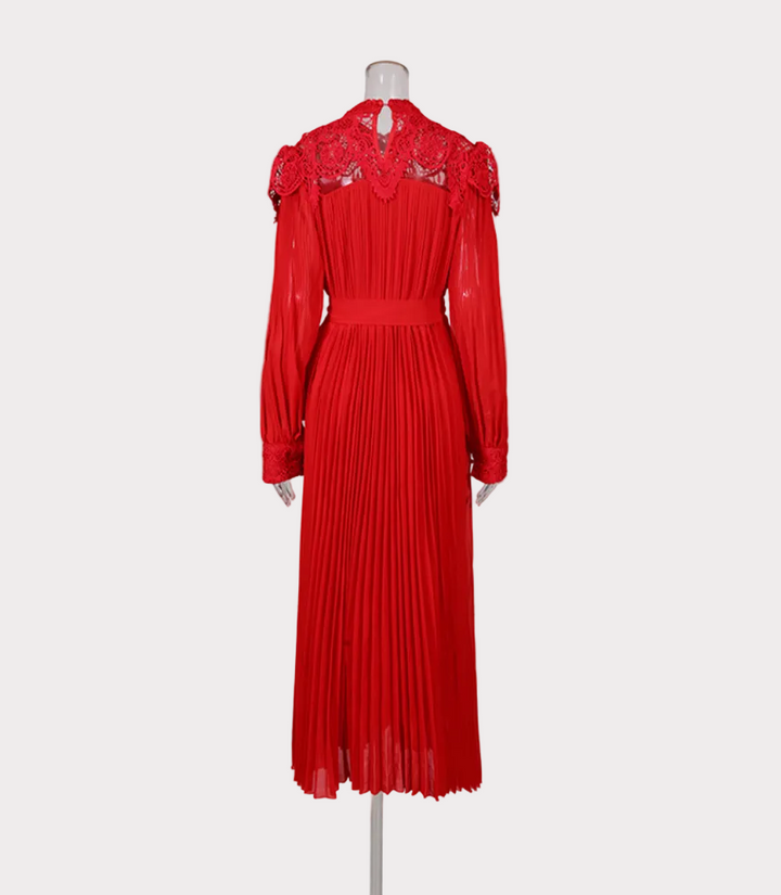 lace high-neck pleated midi dress with waist tie – SCACE