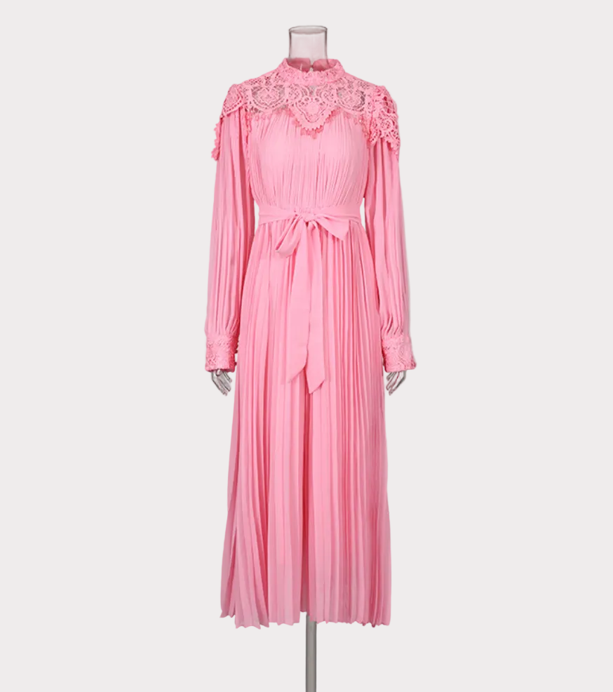 lace high-neck pleated midi dress with waist tie – SCACE
