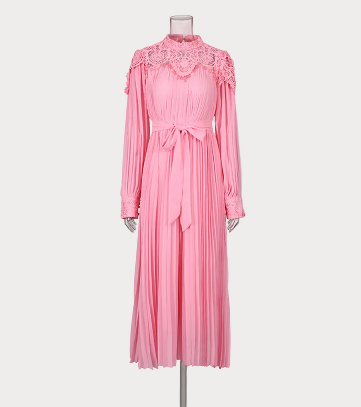 lace high-neck pleated midi dress with waist tie – SCACE