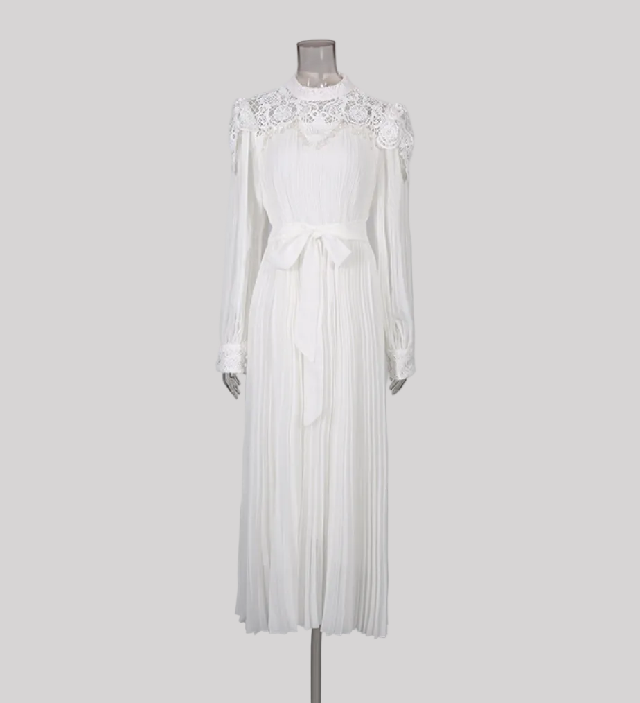 lace high-neck pleated midi dress with waist tie – SCACE