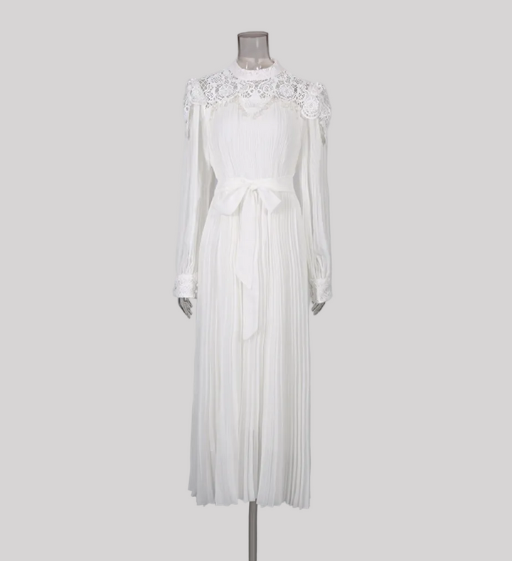 lace high-neck pleated midi dress with waist tie – SCACE