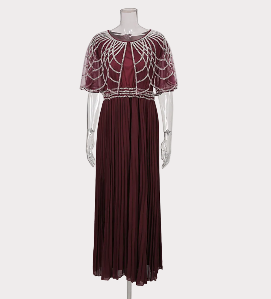 beaded cape overlay pleated maxi dress – BURGL