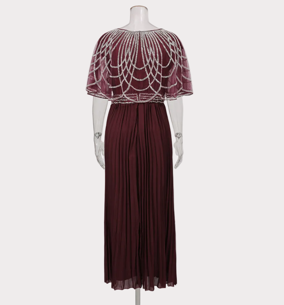 beaded cape overlay pleated maxi dress – BURGL