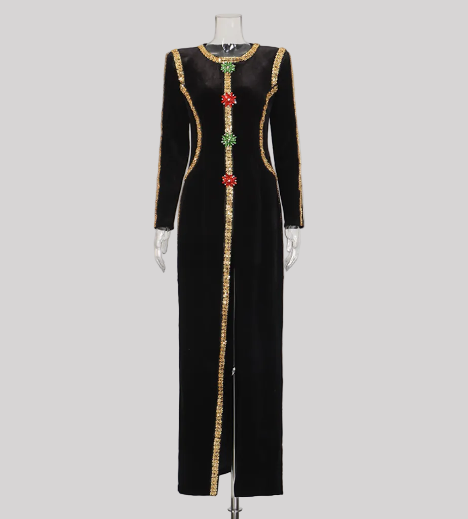 embellished trim long sleeve velvet maxi dress – IMPERIA
