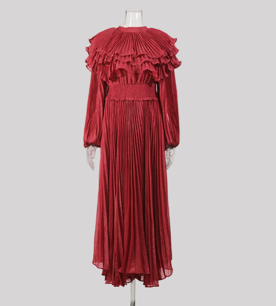 pleated ruffle collar long sleeve maxi dress – LUMIÈRE