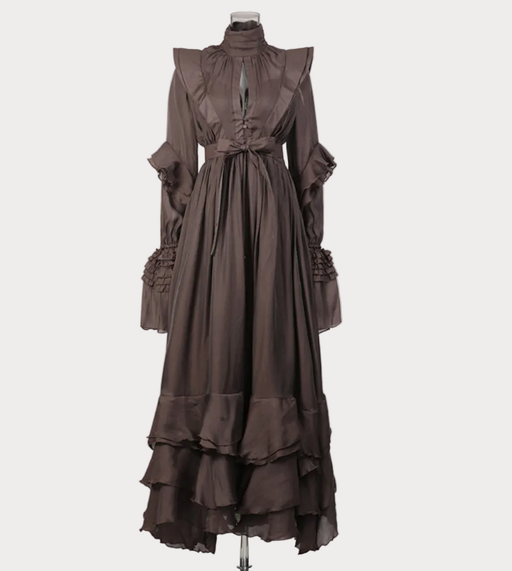 ruffle shoulder tie-waist high neck maxi dress – MOCHA