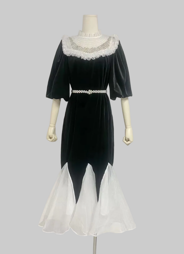 lace collar velvet midi dress with tulle hem – PEARL