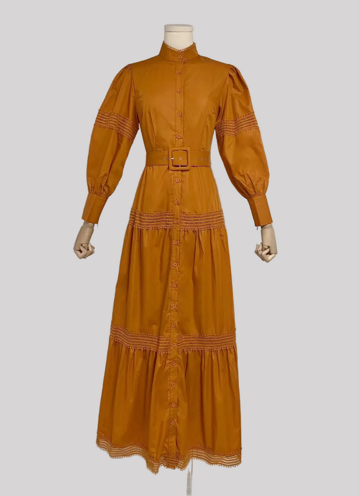 belted button-front puff sleeve maxi dress – SAFFRO