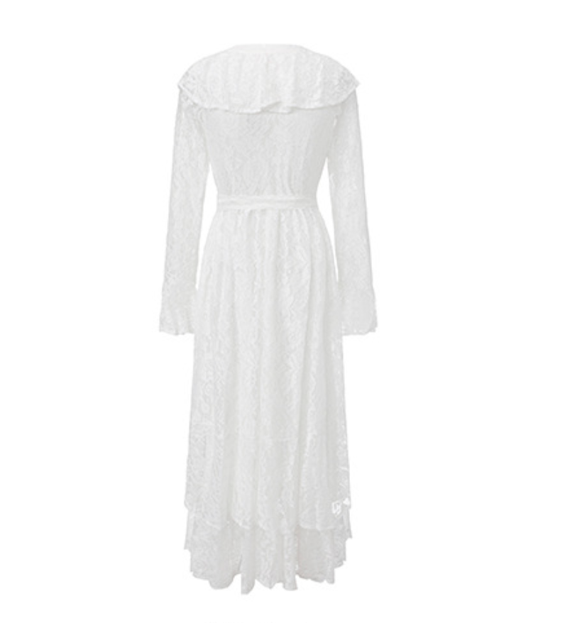 lace midi dress with ruffle neckline and waist tie – RUBY
