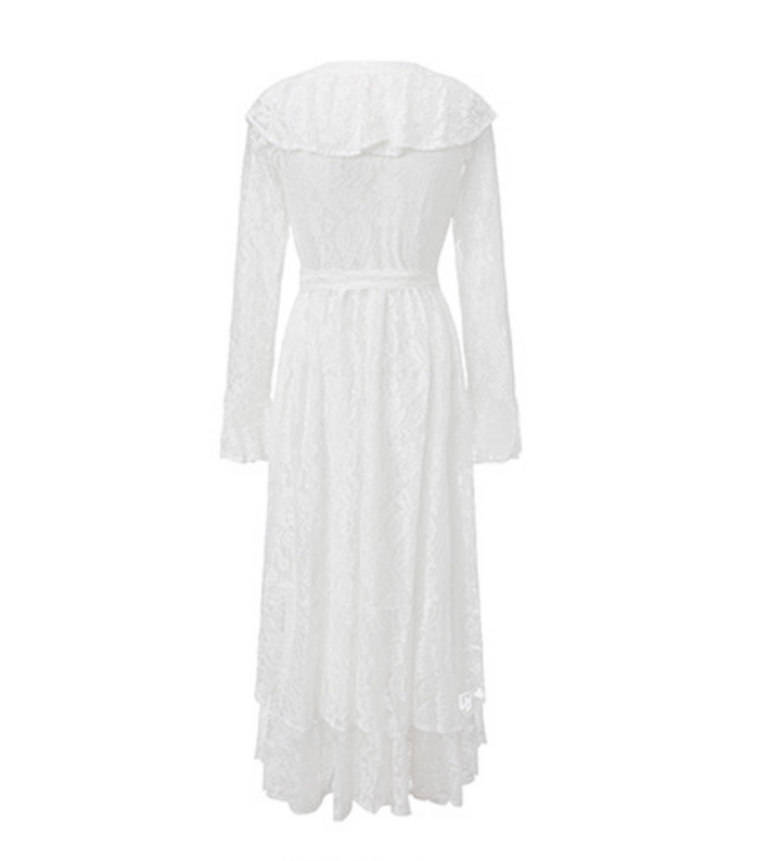 lace midi dress with ruffle neckline and waist tie – RUBY