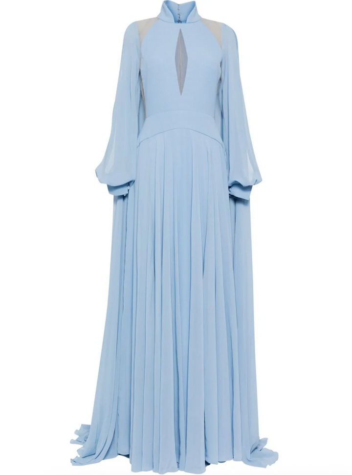 high-neck maxi dress with keyhole cutout and flowing sleeves – SCARLET