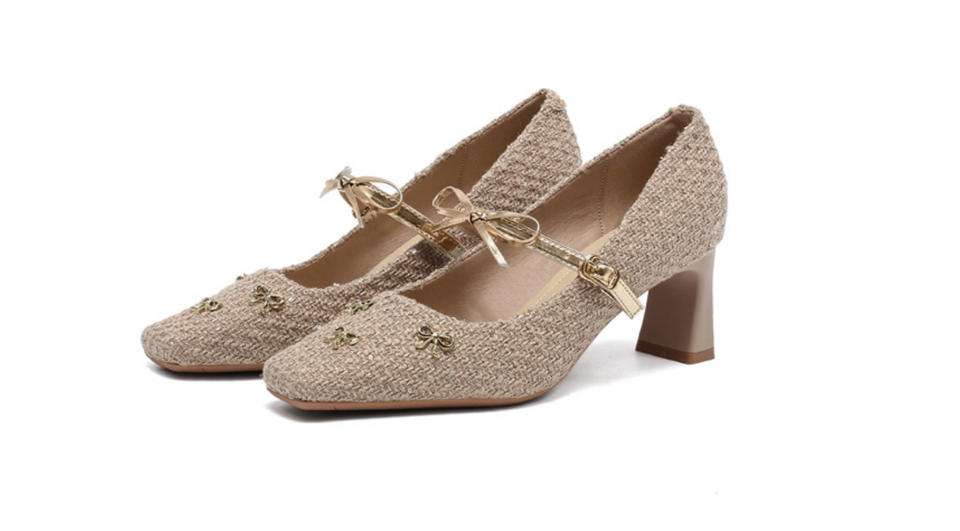 square-toe tweed heels with bow strap – AMELIA