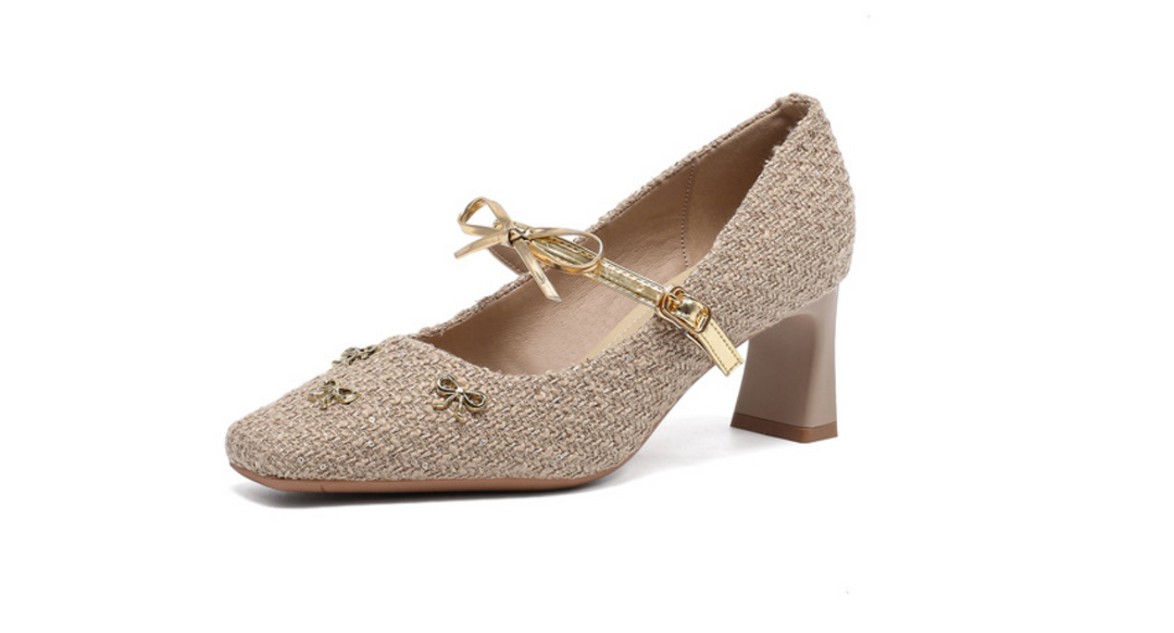 square-toe tweed heels with bow strap – AMELIA