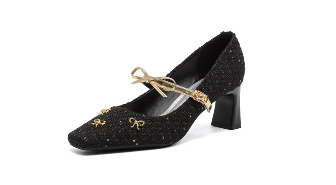 square-toe tweed heels with bow strap – AMELIA