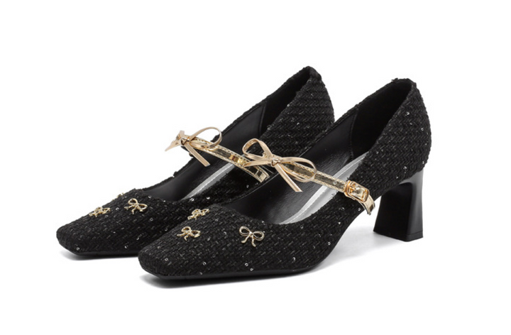 square-toe tweed heels with bow strap – AMELIA