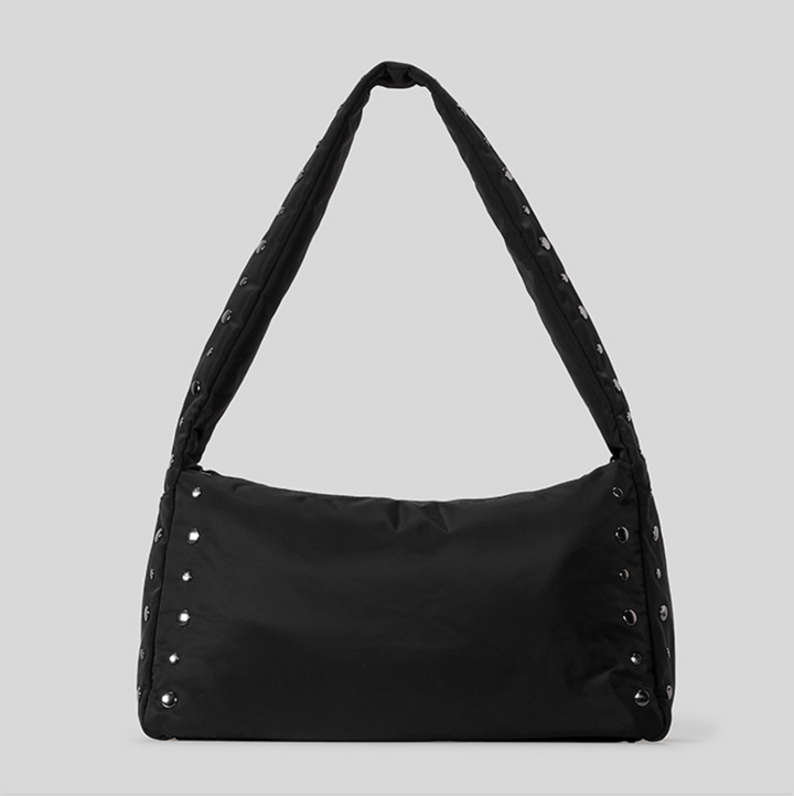 Black Studded Puffer Shoulder Bag with Zipper Closure - SCULPTA