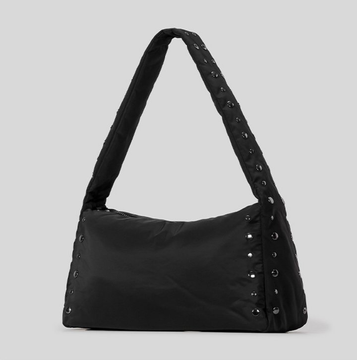 Black Studded Puffer Shoulder Bag with Zipper Closure - SCULPTA