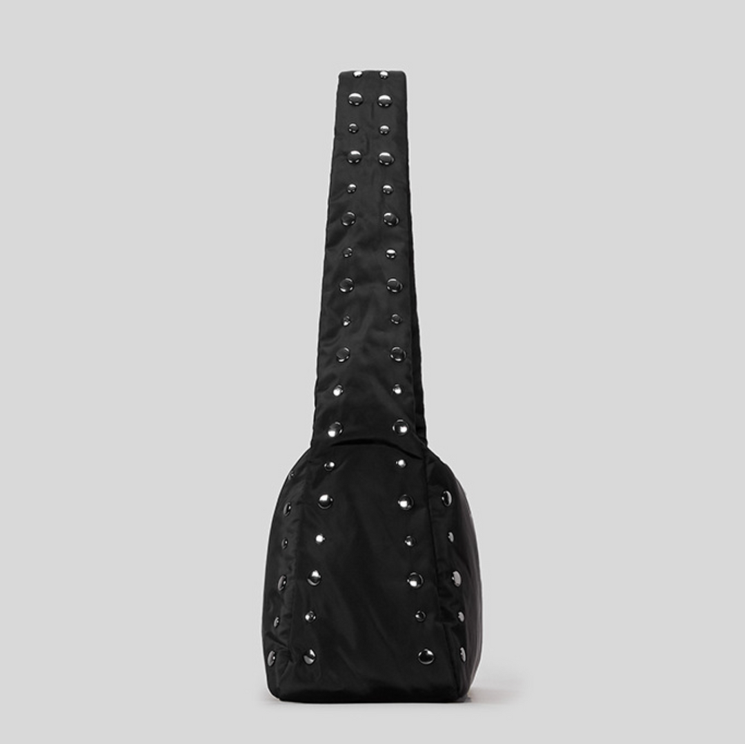 Black Studded Puffer Shoulder Bag with Zipper Closure - SCULPTA