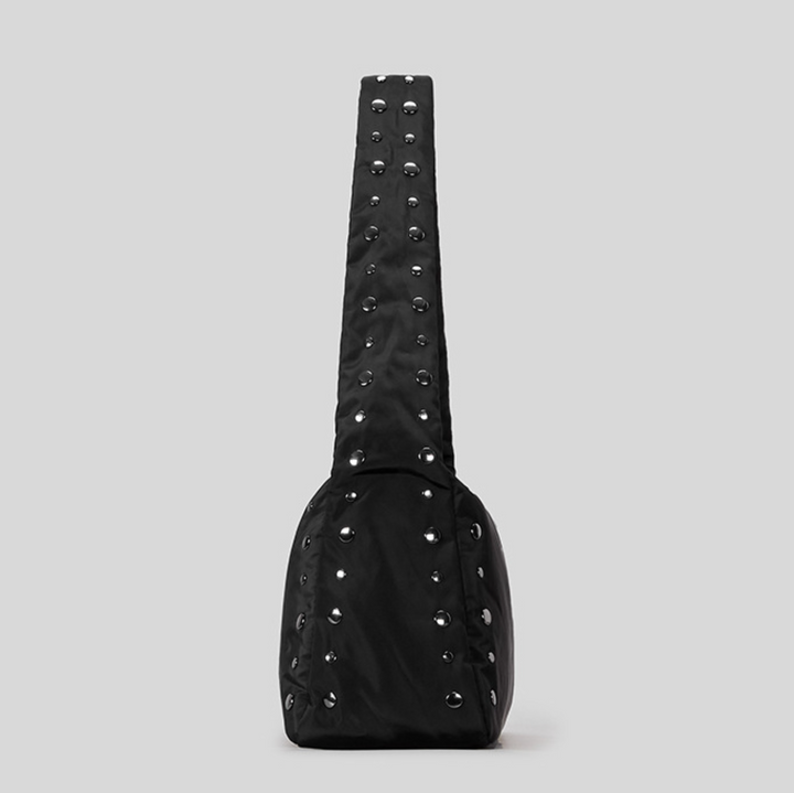 Black Studded Puffer Shoulder Bag with Zipper Closure - SCULPTA