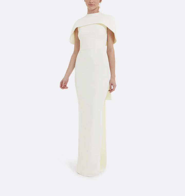 high-neck column dress with sculpted shoulder cape – Gofaan-1
