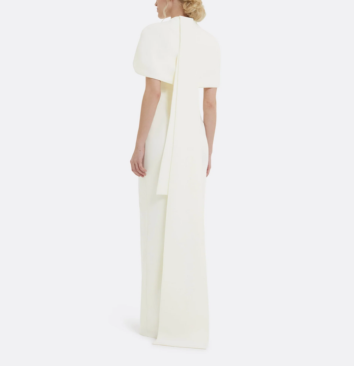 high-neck column dress with sculpted shoulder cape – Gofaan-1