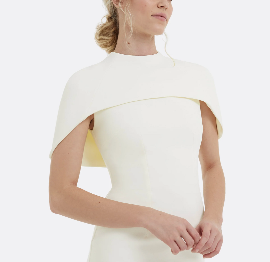 high-neck column dress with sculpted shoulder cape – Gofaan-1