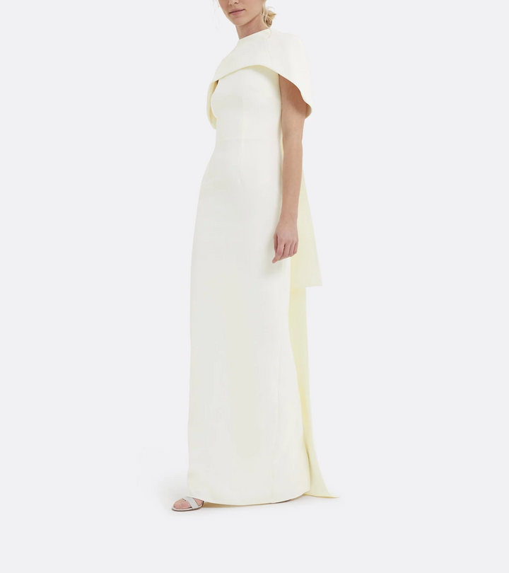 high-neck column dress with sculpted shoulder cape – Gofaan-1