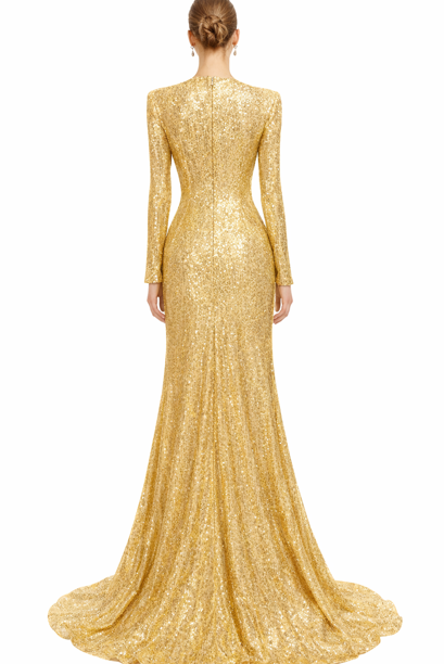 long-sleeve sequin evening gown with draped waist – GOLDEN