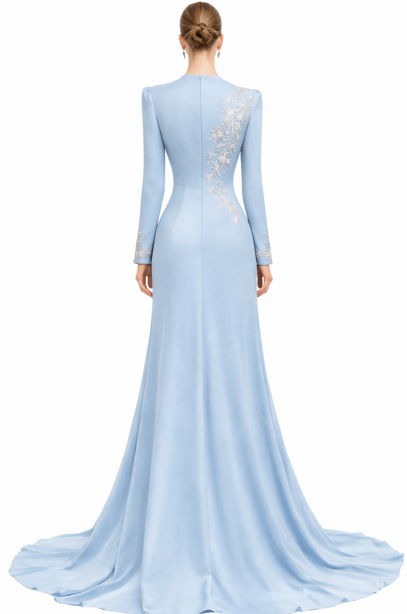 long-sleeve V-neck evening gown with crystal embroidery – SKYRA