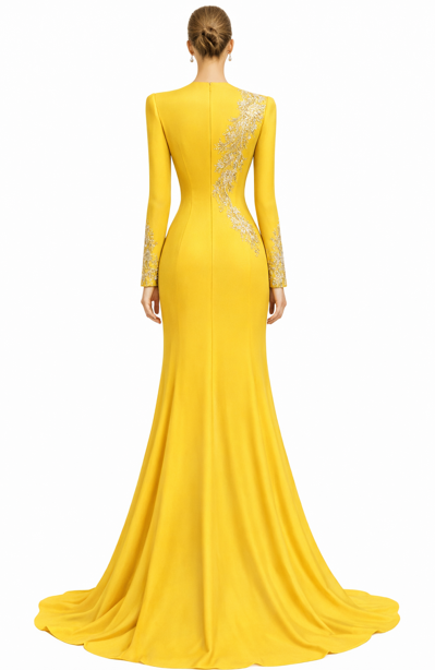 long-sleeve column evening gown with embellished neckline – AURELIA