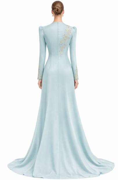 long-sleeve V-neck evening gown with embroidered sash – MINTA