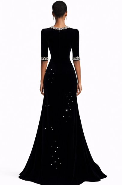 short-sleeve velvet evening gown with pearl neckline – KIARA