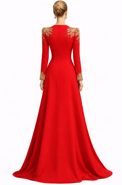 long-sleeve A-line gown with gold embroidered shoulders – RUBY