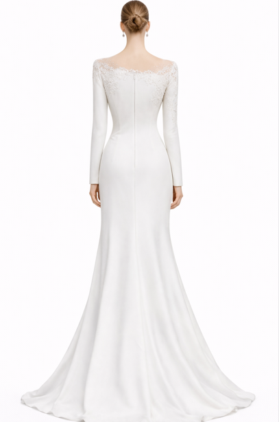 long-sleeve column bridal gown with lace neckline – IVORA