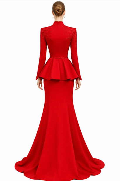 long-sleeve peplum evening gown with embellished bodice – SCARLET