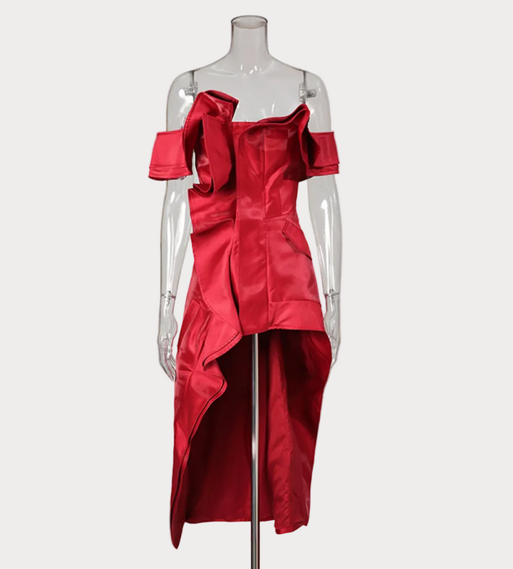 off-shoulder asymmetric ruffle satin dress – WAVE