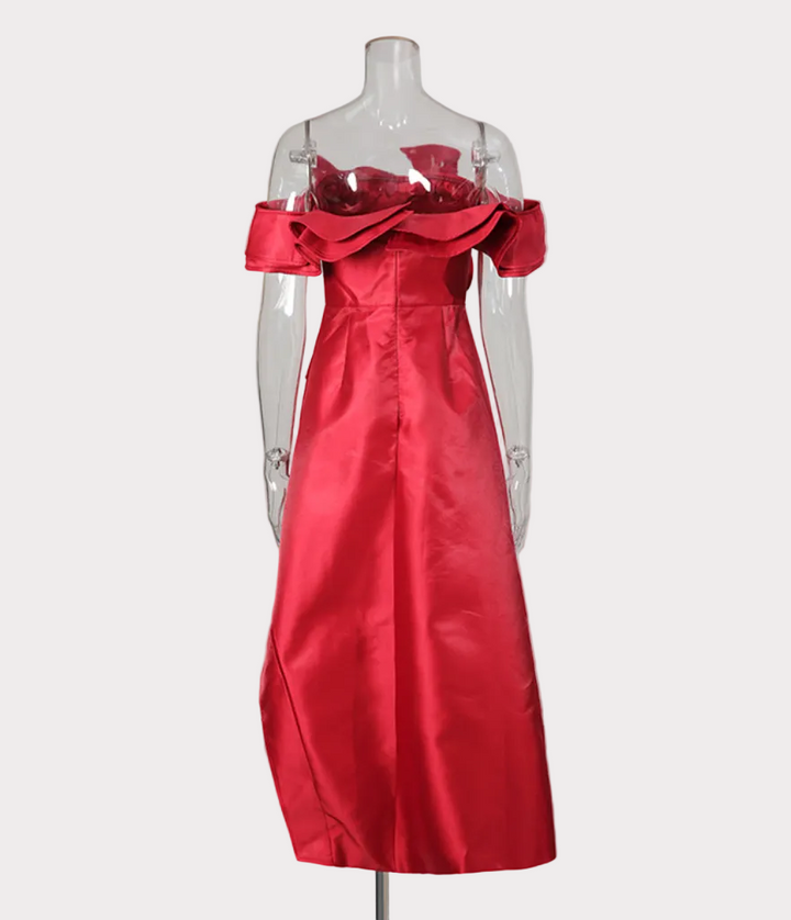 off-shoulder asymmetric ruffle satin dress – WAVE