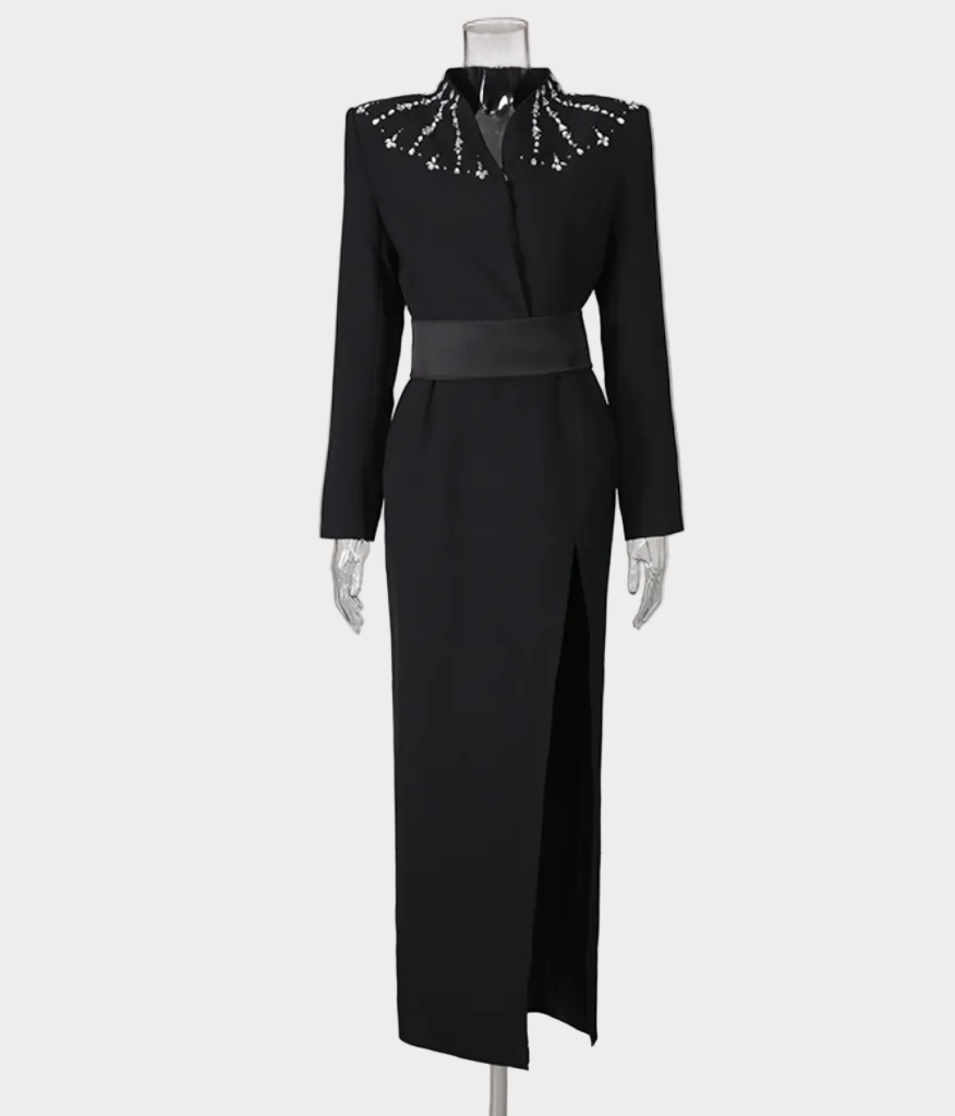 embellished collar belted slit maxi dress – STAR