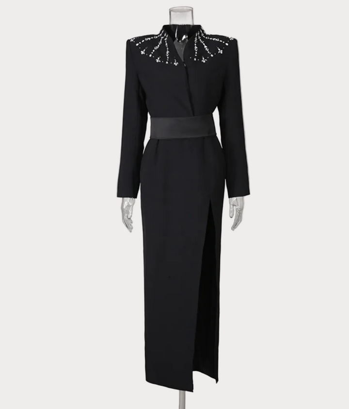 embellished collar belted slit maxi dress – STAR
